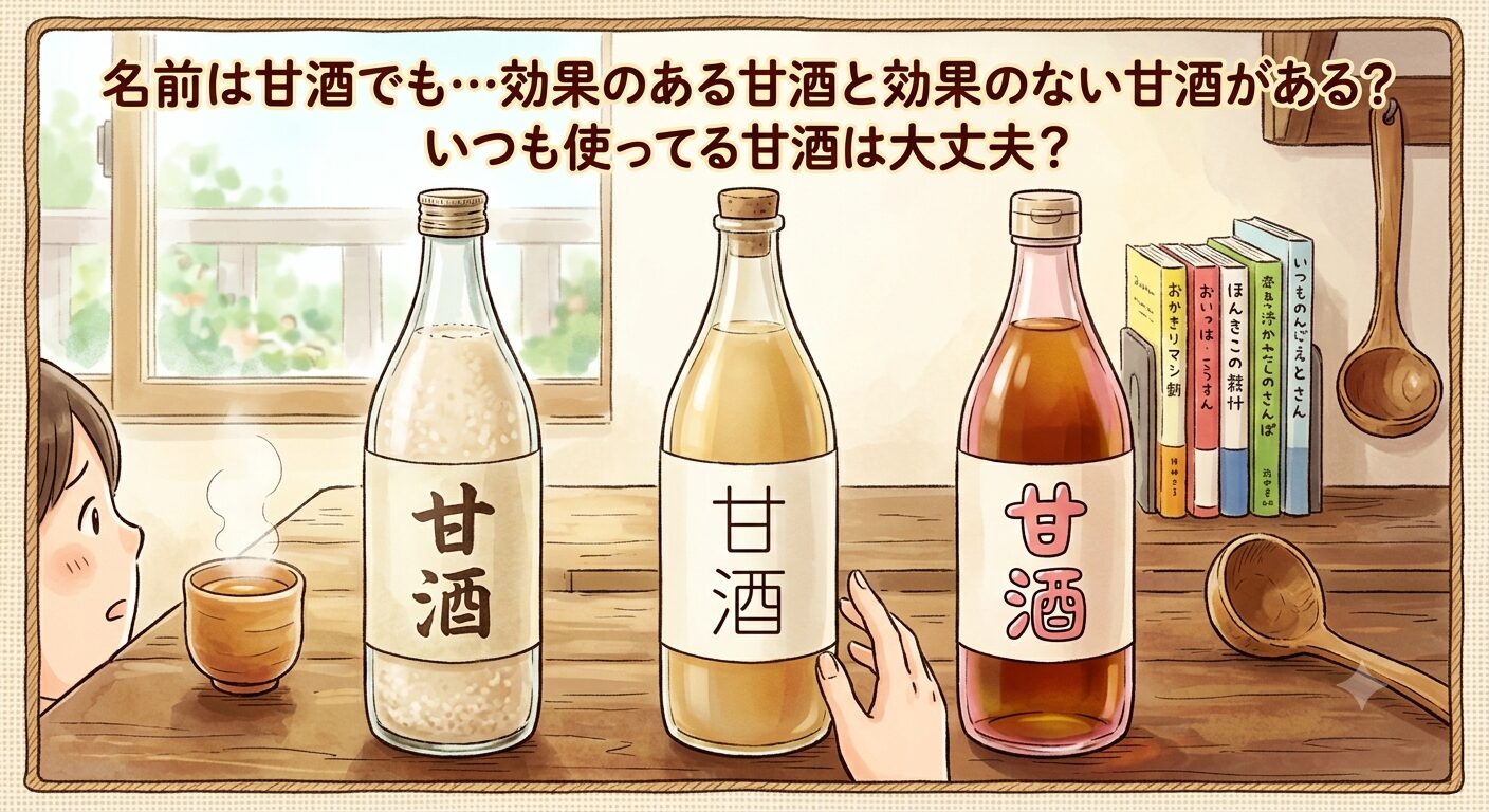 同じ「甘酒」の名前で並ぶ3本のボトルを前に、どれを選ぶか迷っている様子のイラスト