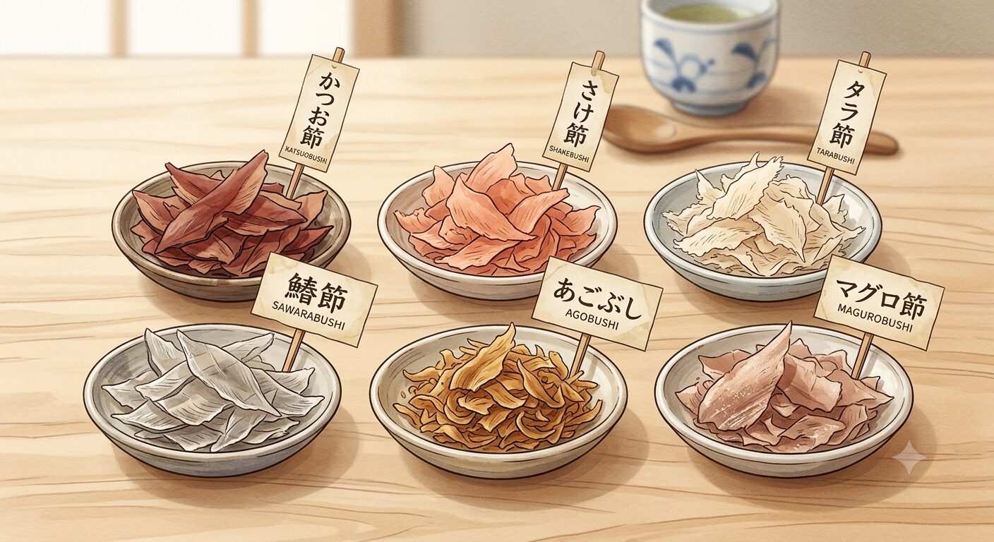 かつお節・さけ節・タラ節・鰆節・あごぶし・マグロ節、6種類の削り節が小皿に並んだイラスト