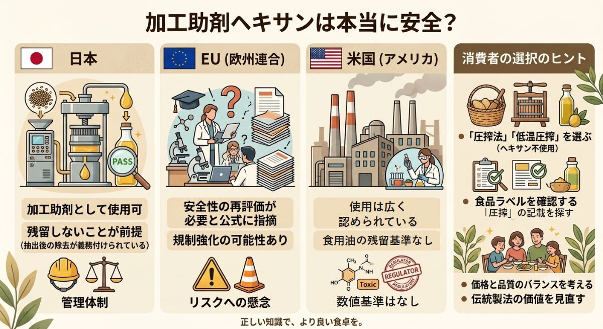 ヘキサンの扱いを日本・EU・米国で比べた図