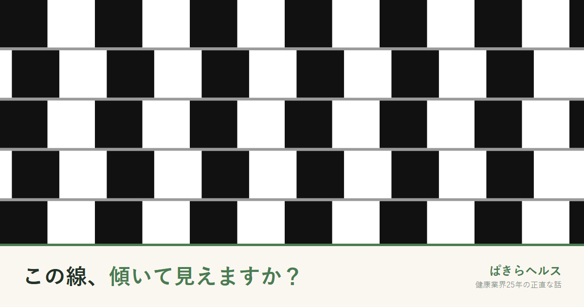 白黒のタイルがずれて並び、水平な線が傾いて見えるカフェウォール錯視の図