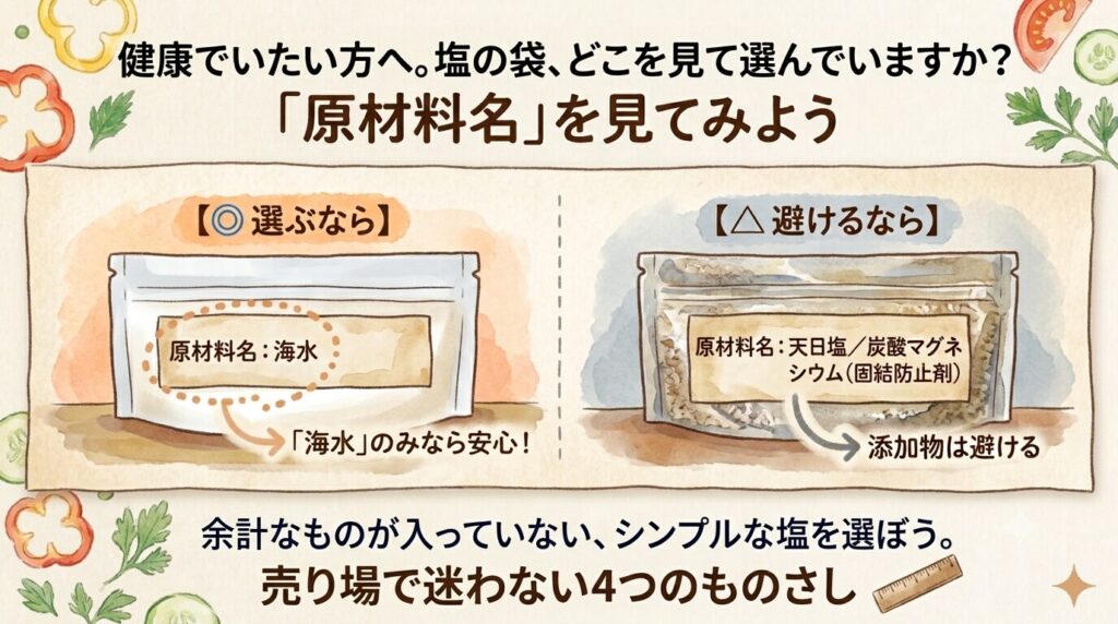 塩の原材料名の見方を示した図