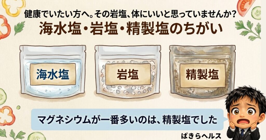 海水塩・岩塩・精製塩の3種類を並べて比べた図