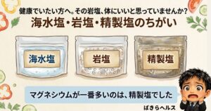 海水塩・岩塩・精製塩の3種類を並べて比べた図