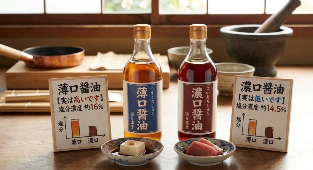 薄口醤油と濃口醤油の瓶と立て札。薄口の塩分濃度約16%、濃口約14.5%を示す比較図