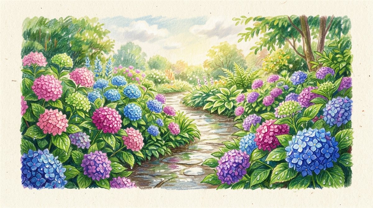 雨上がりの庭に咲く色とりどりのアジサイのクレヨン調イラスト