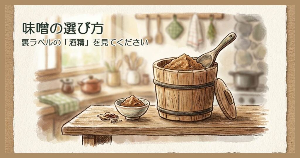 台所の棚に置かれた木桶の味噌樽と木のしゃもじ