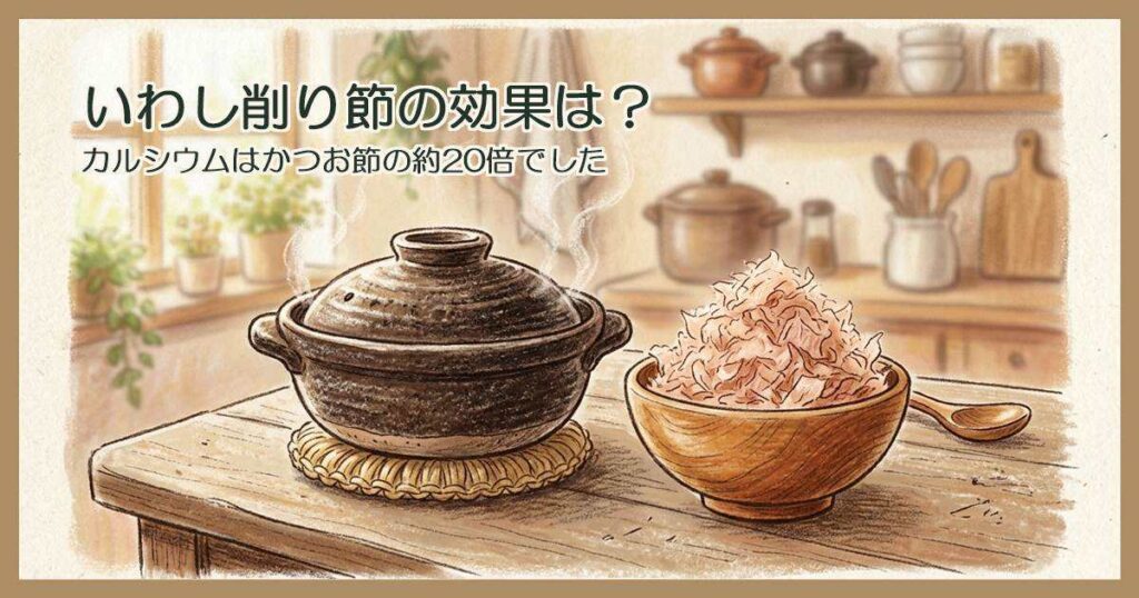 台所のテーブルに置かれた土鍋と木の器の削り節
