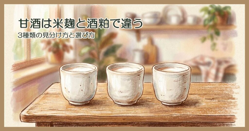 台所のテーブルに並んだ、白い飲み物が入った湯呑3つ