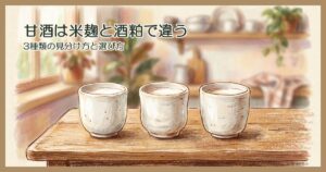 台所のテーブルに並んだ、白い飲み物が入った湯呑3つ