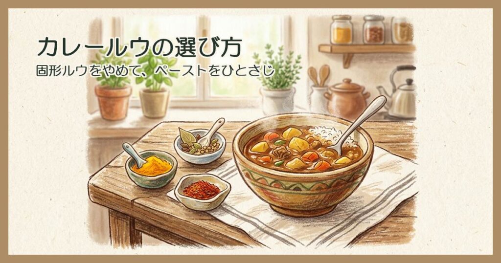 台所のテーブルに置かれたカレーの鉢とスパイスの小皿