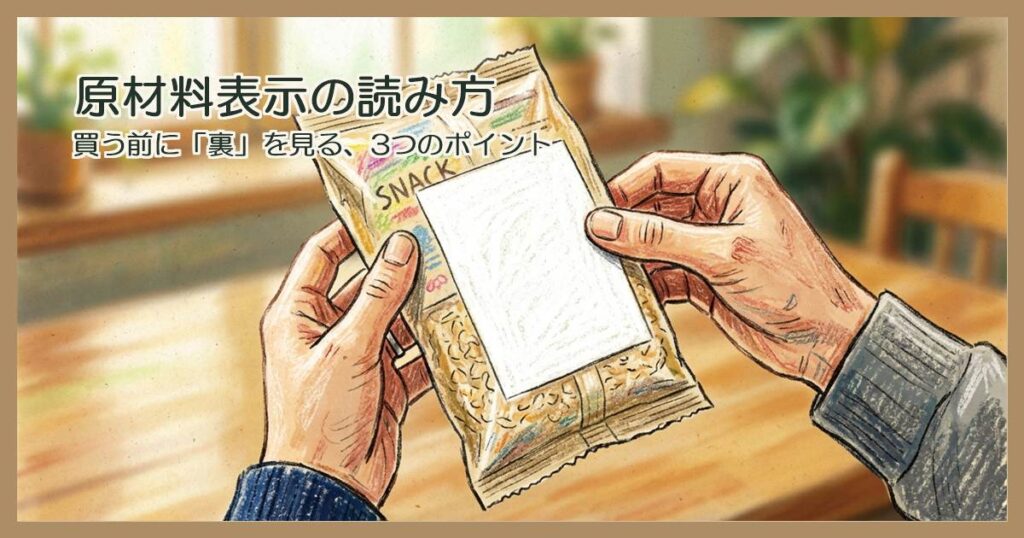 食品の袋を手に取り、裏のラベルを覗き込んでいる手元