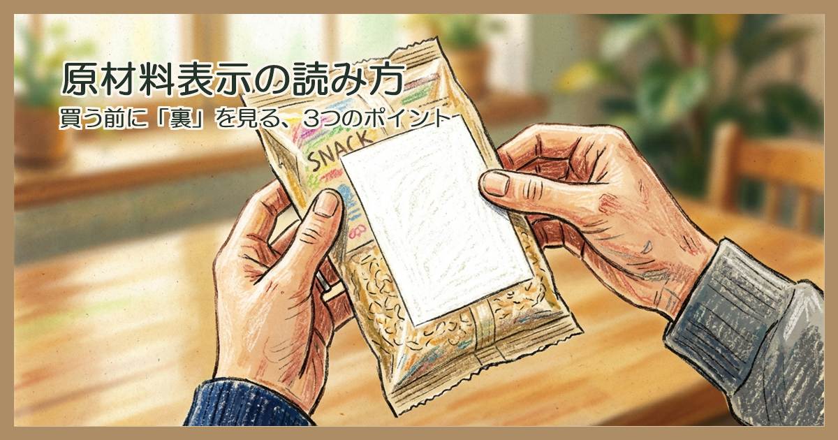 食品の袋を手に取り、裏のラベルを覗き込んでいる手元