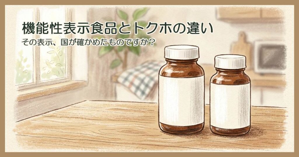 台所のテーブルに並んだ、白いラベルのサプリメントのボトル2本