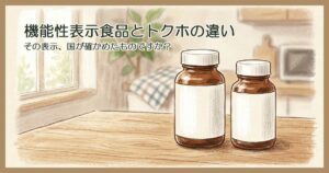台所のテーブルに並んだ、白いラベルのサプリメントのボトル2本