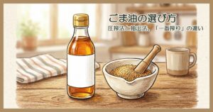 台所のテーブルに置かれたごま油の瓶とすり鉢のいりごま