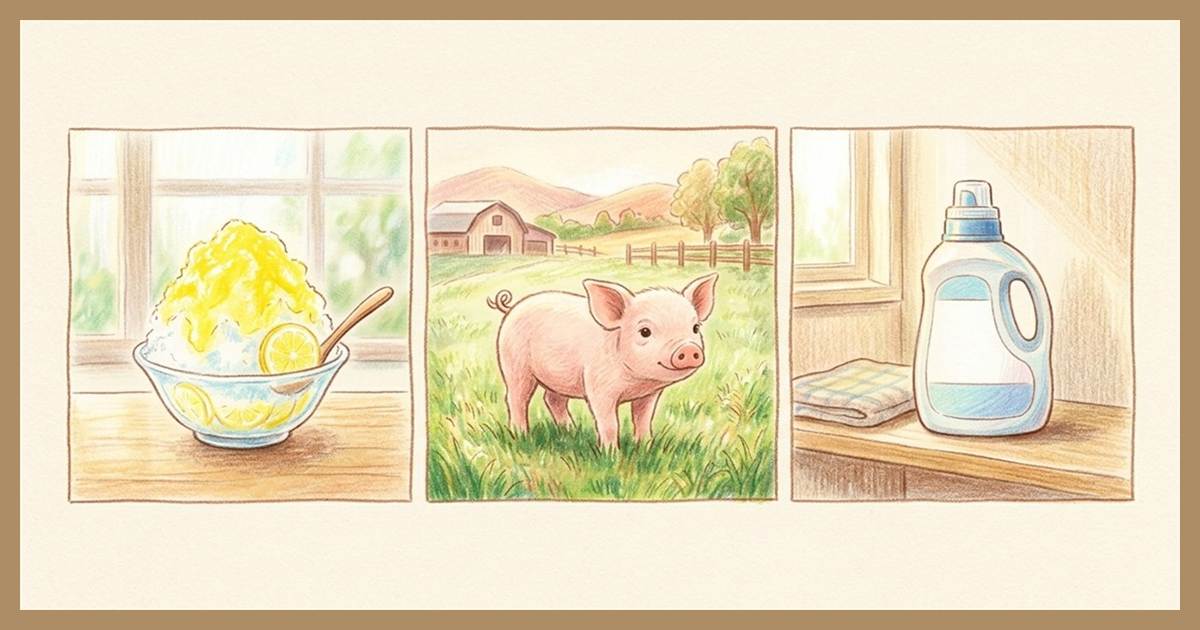 かき氷・牧場の子豚・洗濯洗剤の3コマ