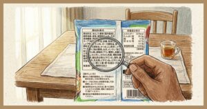 即席めんの袋の裏を虫めがねで見ている手元