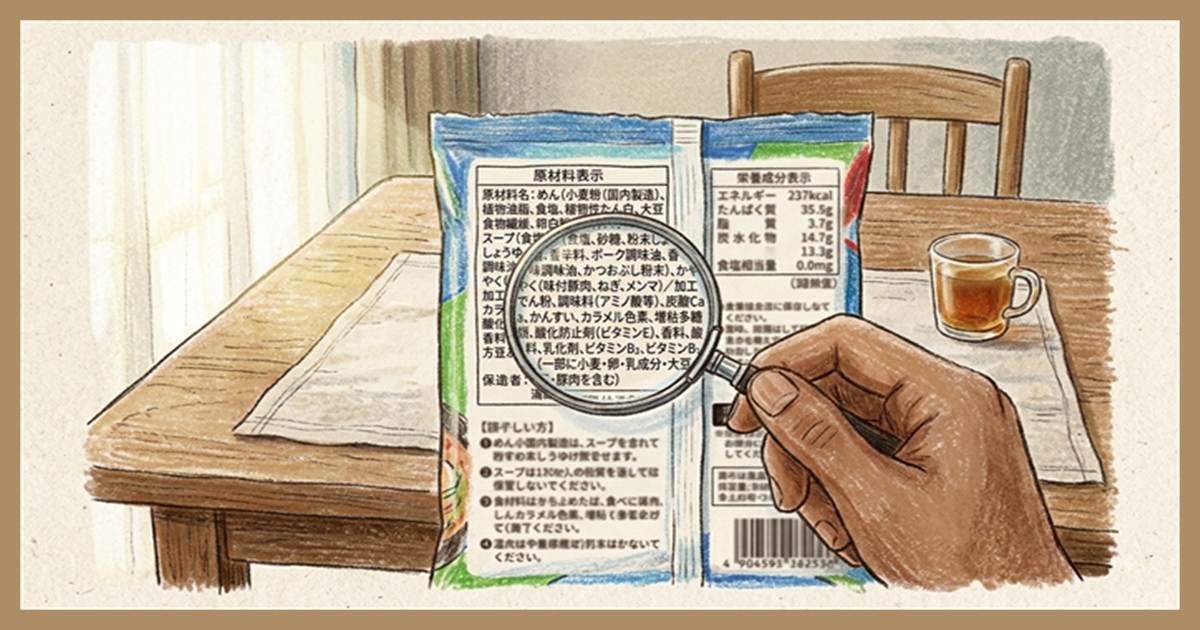 即席めんの袋の裏を虫めがねで見ている手元