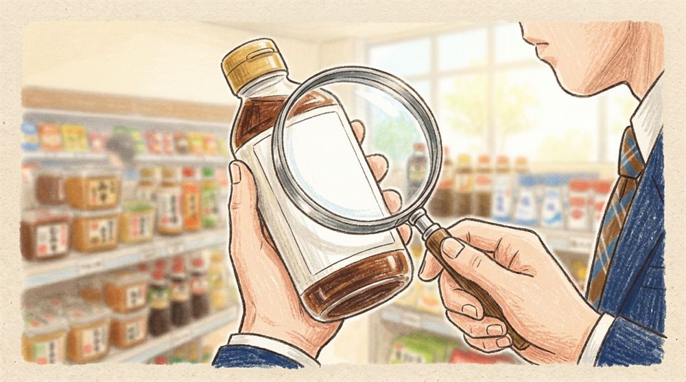 売り場で調味料のボトルを手に取り、裏の原材料表示を虫めがねで確かめているところ
