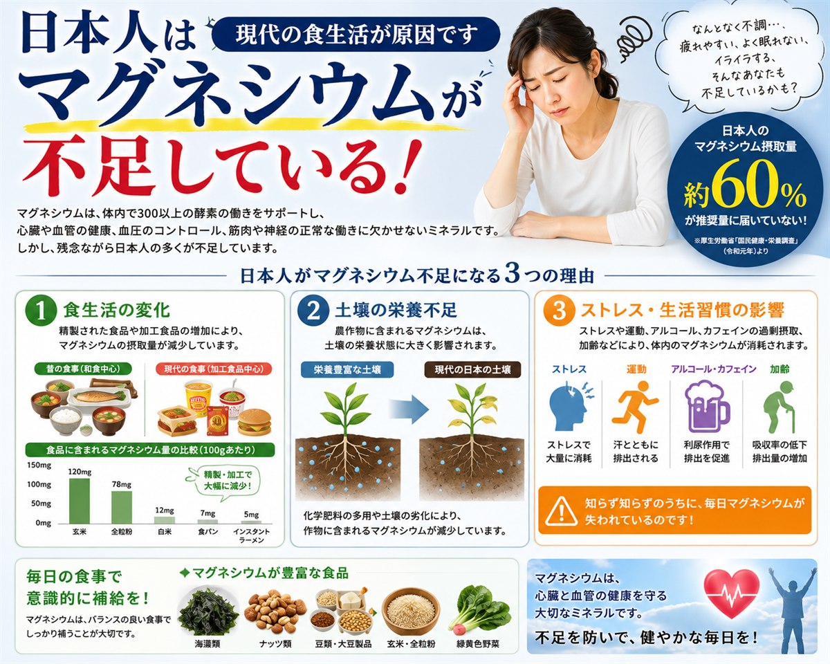 日本人がマグネシウム不足になる3つの理由。食生活の変化、土壌の栄養不足、ストレスや生活習慣