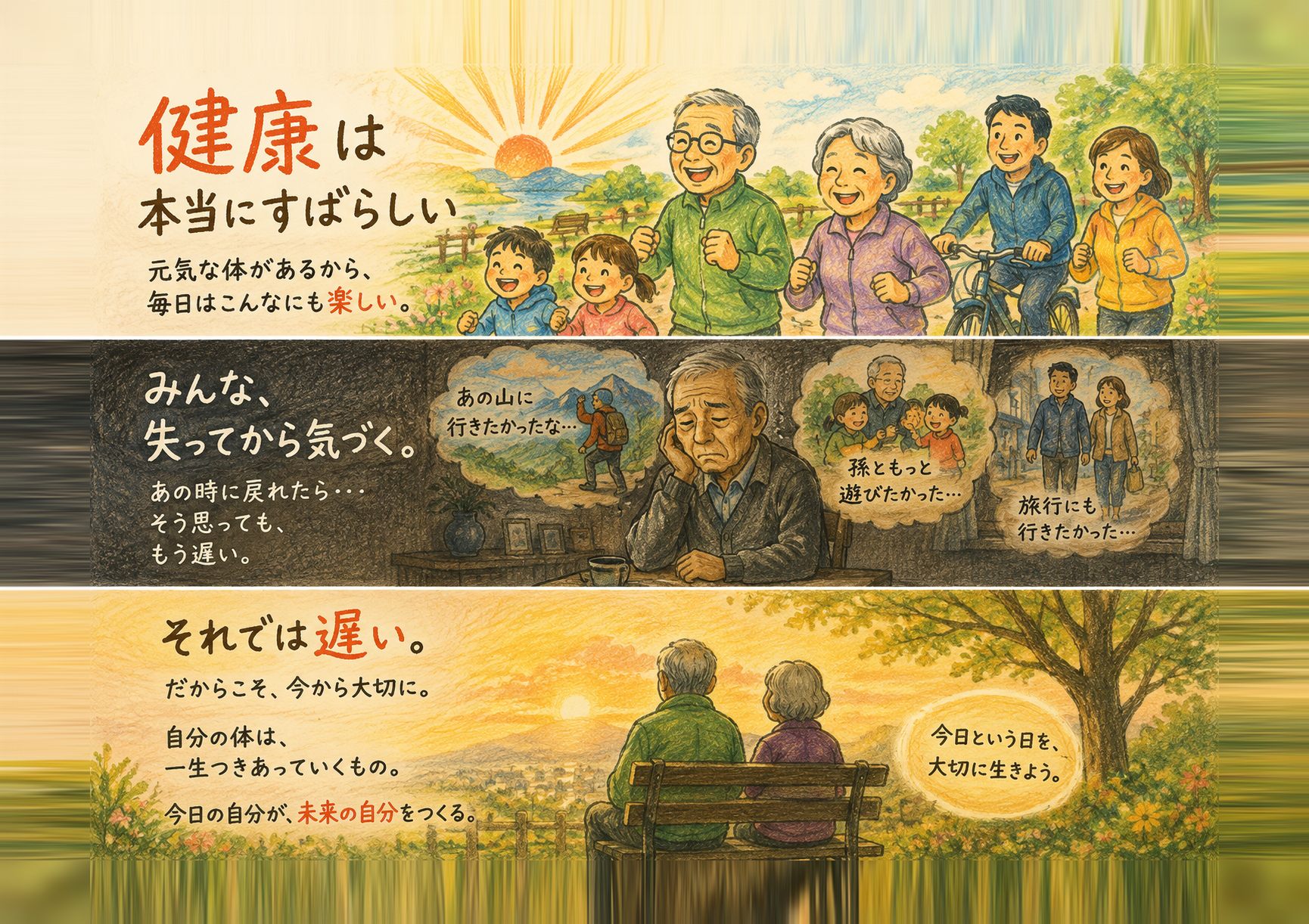 元気な毎日と、失ってから気づく後悔と、今日を大切に生きる場面のイラスト