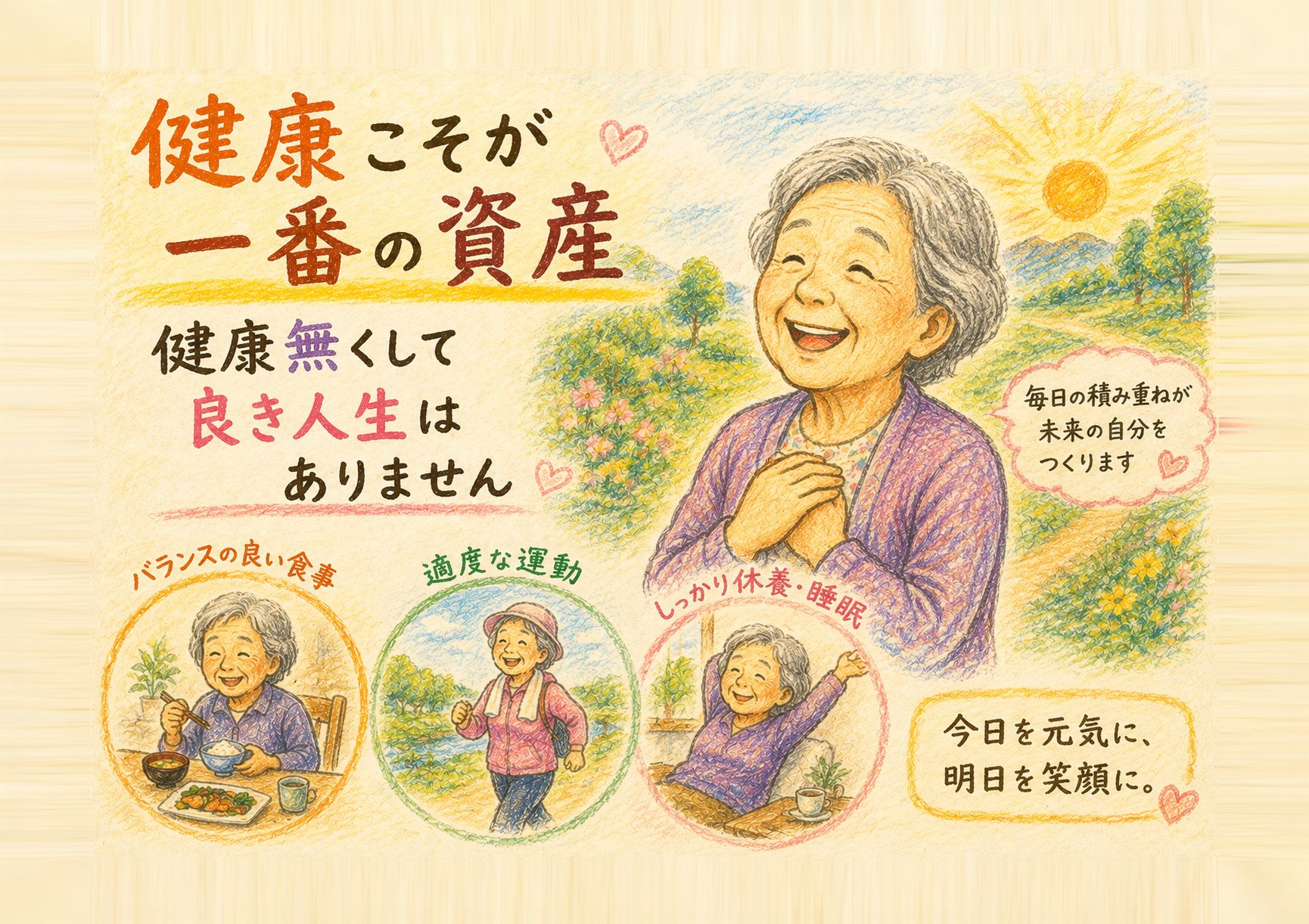 笑顔の女性と、バランスの良い食事・適度な運動・しっかり休養を描いたイラスト
