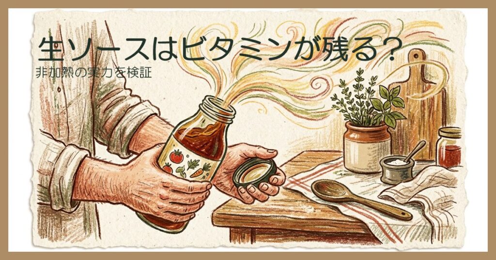 生ソースの瓶を開けて、香りが立ちのぼる様子を確かめている手元のイラスト。