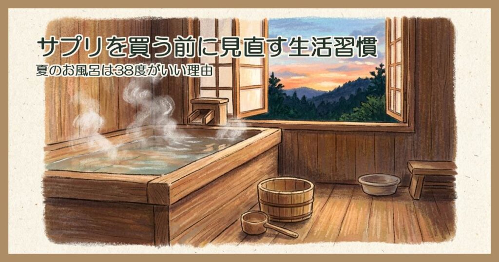 湯気の立つ木の湯船と木桶、窓の外は夏の夕暮れ