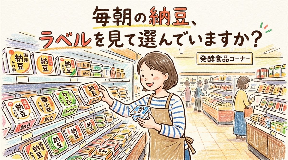 スーパーの発酵食品コーナーで、棚に並んだ何種類もの納豆のパッケージを手に取り、裏のラベルを見ながら選んでいる女性のイラスト