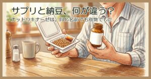 台所のテーブルで、片手にふたを開けた納豆のパック、もう片方の手にサプリメントの小瓶を持って見比べている手元のクレヨン調イラスト。