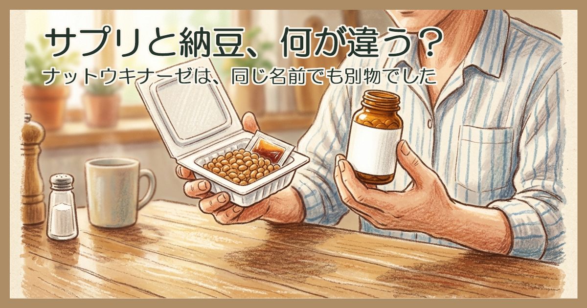 台所のテーブルで、片手にふたを開けた納豆のパック、もう片方の手にサプリメントの小瓶を持って見比べている手元のクレヨン調イラスト。