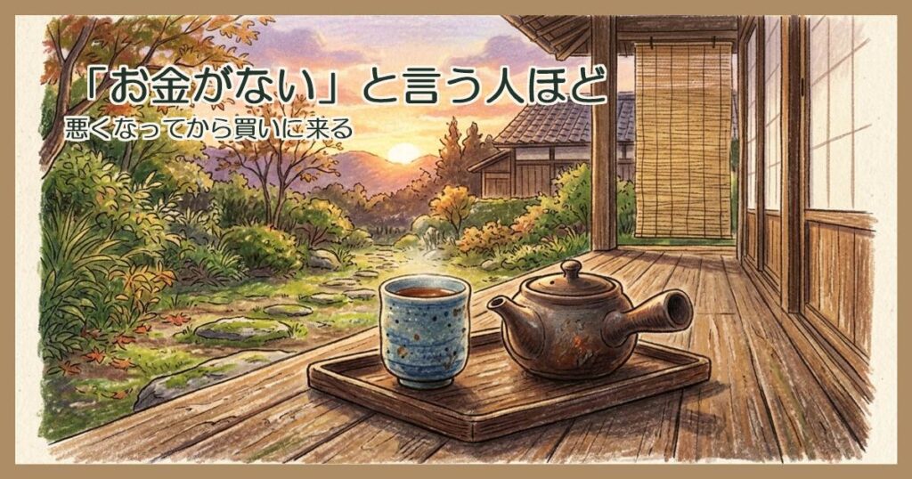 夕暮れの縁側に置かれた湯呑みと急須
