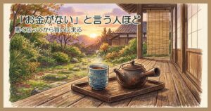 夕暮れの縁側に置かれた湯呑みと急須