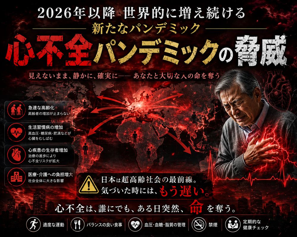 心不全パンデミックの脅威。急速な高齢化、生活習慣病の増加、心疾患の生存者増加、医療・介護への負担増大