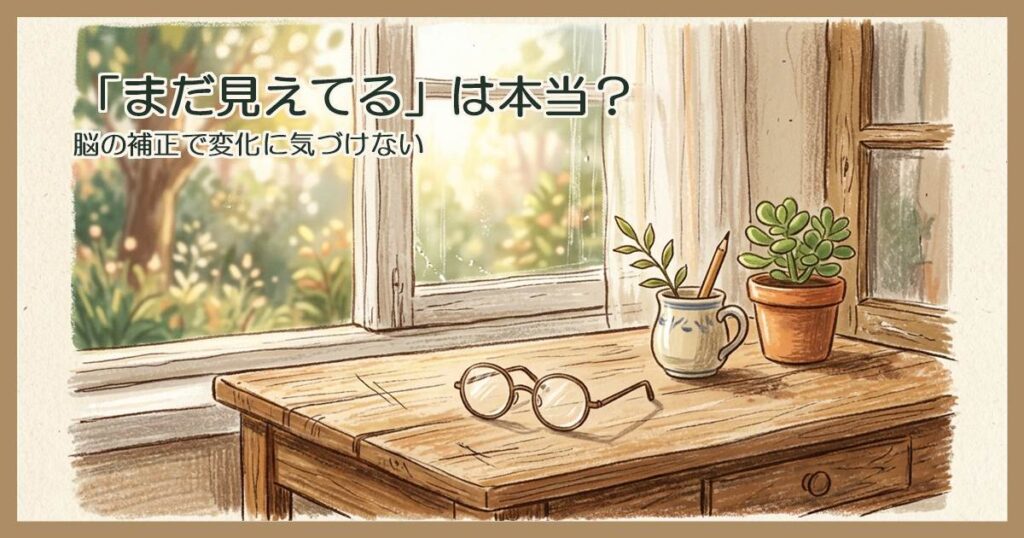 窓辺の木の机に置かれた丸い眼鏡