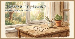 窓辺の木の机に置かれた丸い眼鏡