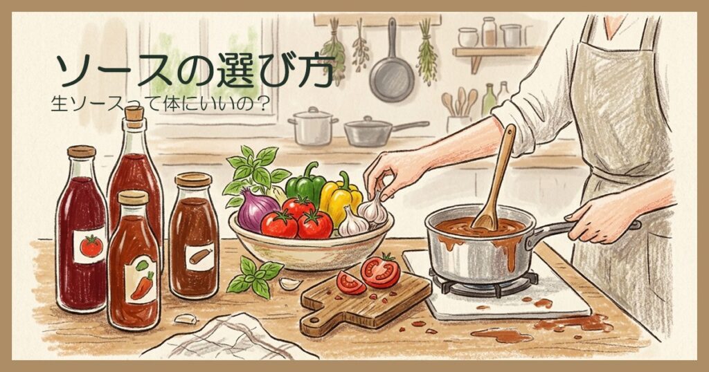 ソース瓶や野菜を前に、鍋でソースを煮込んでいる手元のイラスト。