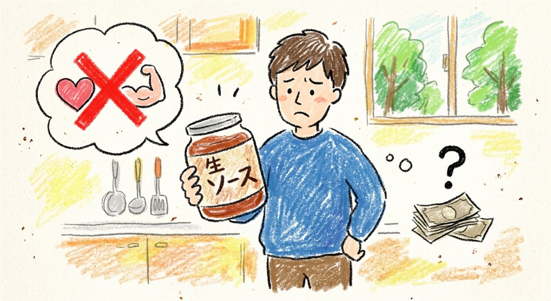 生ソースの瓶を手に持ち、健康や筋力とは無関係というバツ印の吹き出しを浮かべて困惑している男性のイラスト。お金の記号も添えられている。