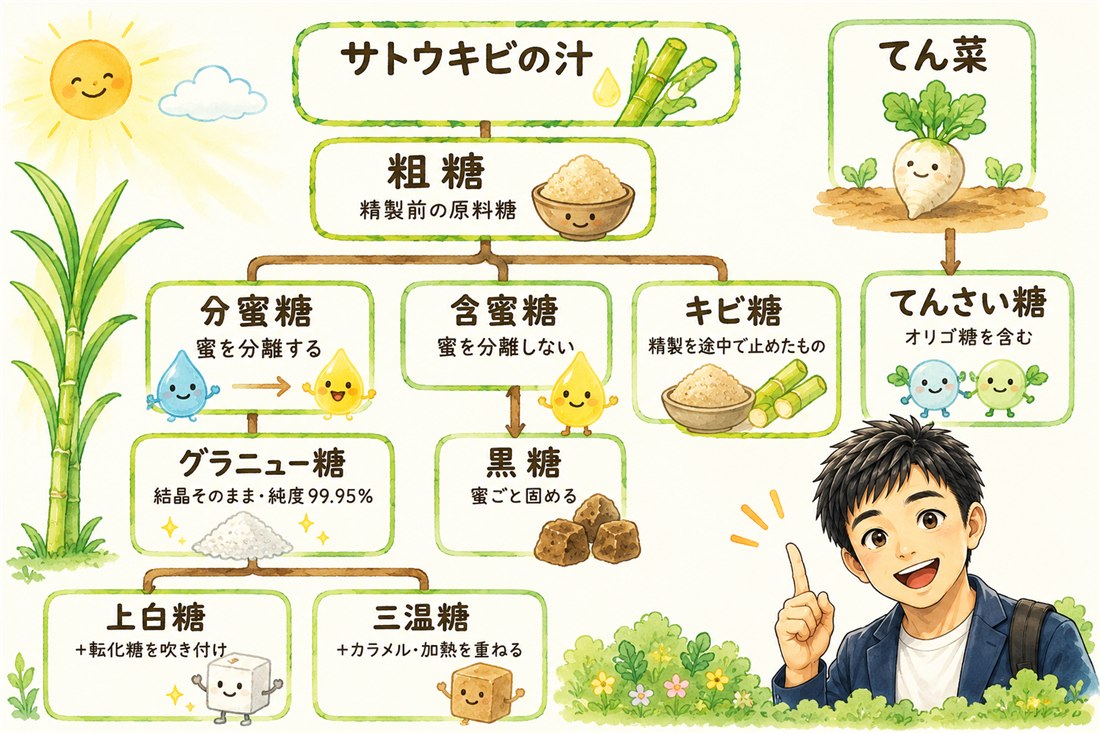 サトウキビの汁から粗糖、分蜜糖・含蜜糖を経て上白糖・グラニュー糖・三温糖・黒糖に分かれる系統図。てん菜から作られるてんさい糖は別ルート。
