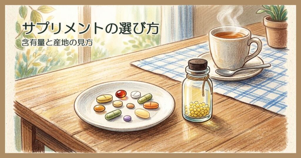 白い皿に並んだサプリメントの粒とガラスの小瓶