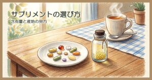 白い皿に並んだサプリメントの粒とガラスの小瓶