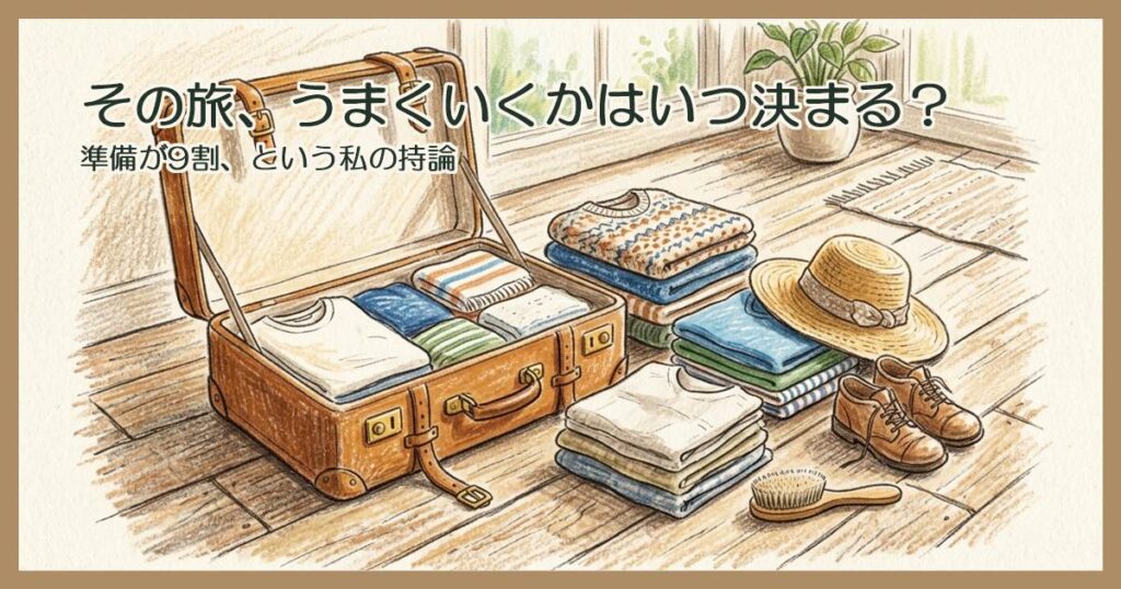 木の床に開いた旅行かばんと、たたんだ服や帽子