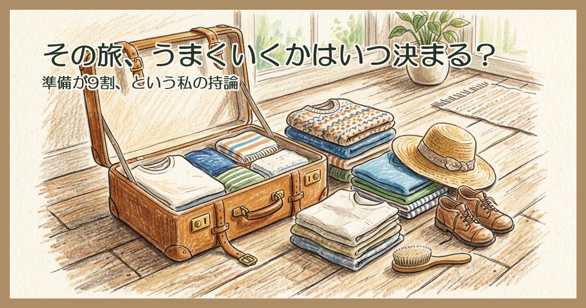 木の床に開いた旅行かばんと、たたんだ服や帽子