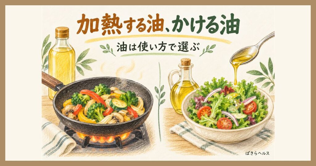 加熱する油、かける油。コンロの上のフライパンで野菜を炒める絵と、サラダにスプーンで油をかける絵を並べたイラスト