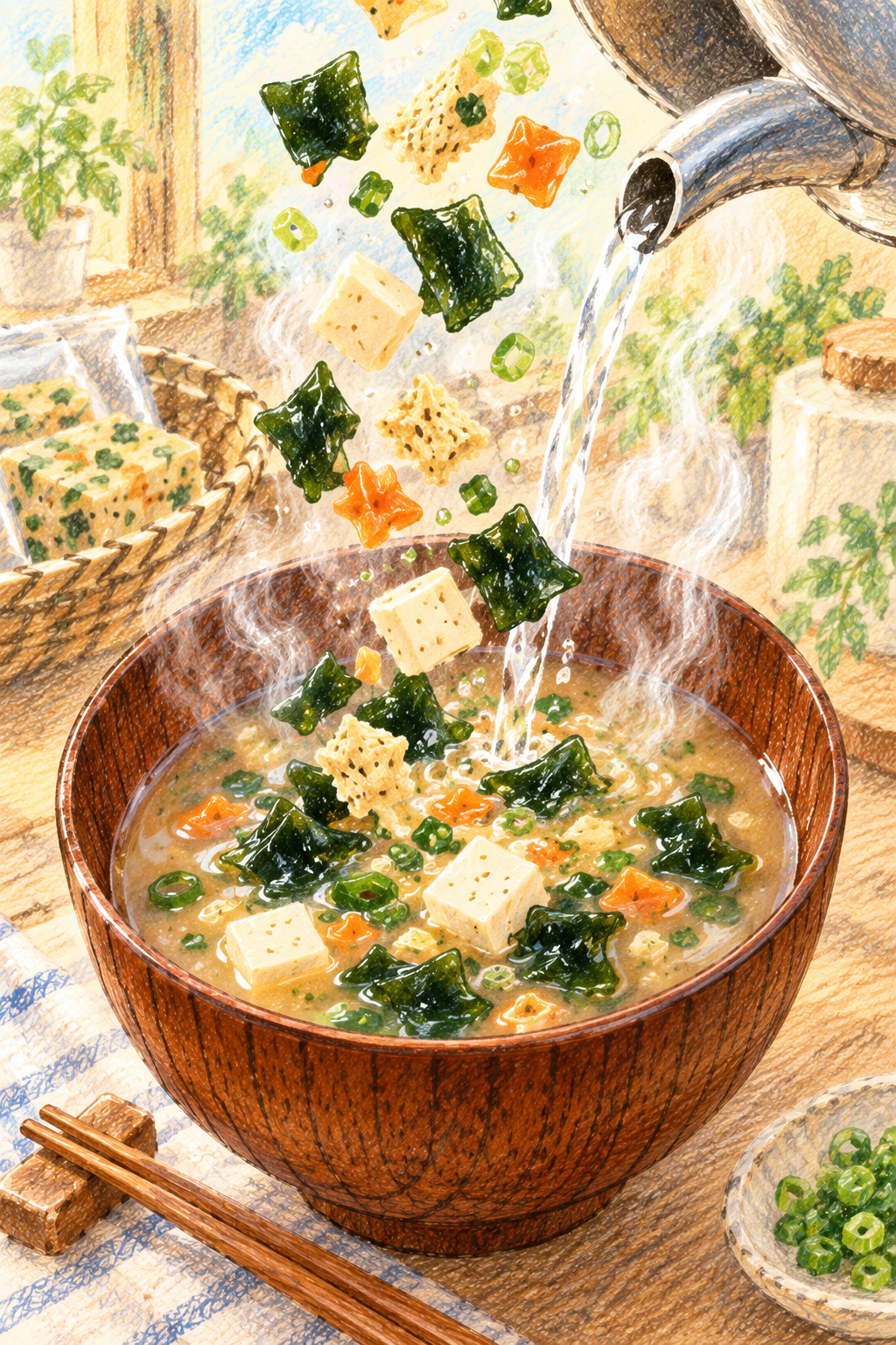 フリーズドライ味噌汁にお湯を注いでいるイメージイラスト
