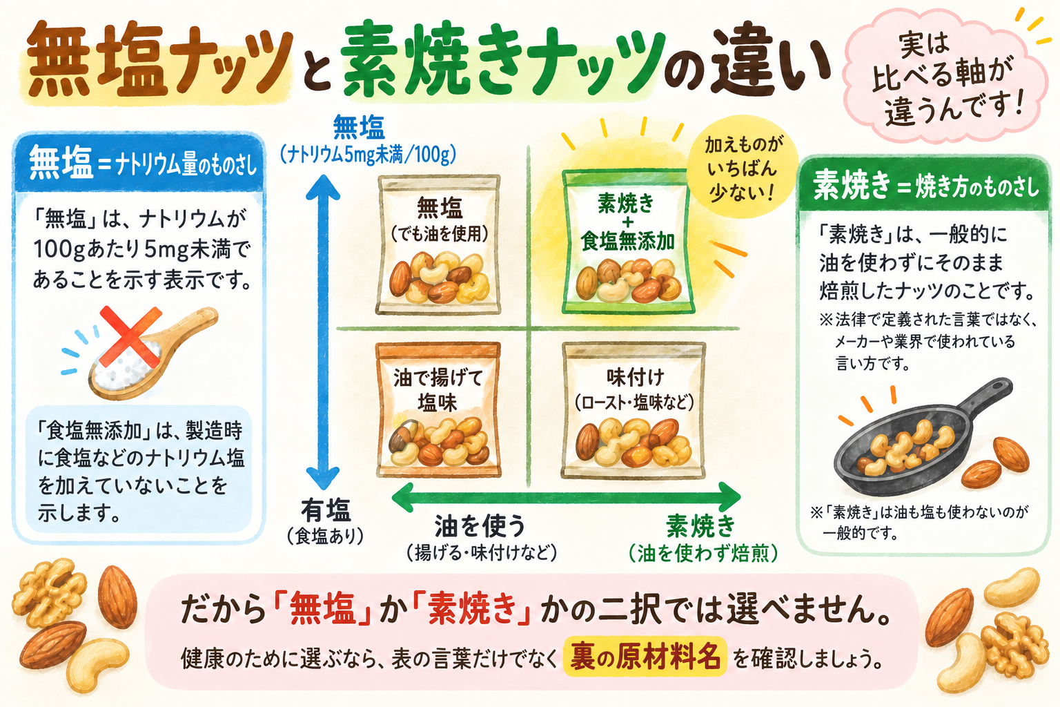 「無塩」はナトリウム含有量の基準(100gあたり5mg未満)、「素焼き」は油を使うかどうかの加工方法を示す、比べるものさしが違う2つの言葉であることを2軸4象限で示した図。食塩無添加でなおかつ素焼きの商品は、加えものがいちばん少ない。