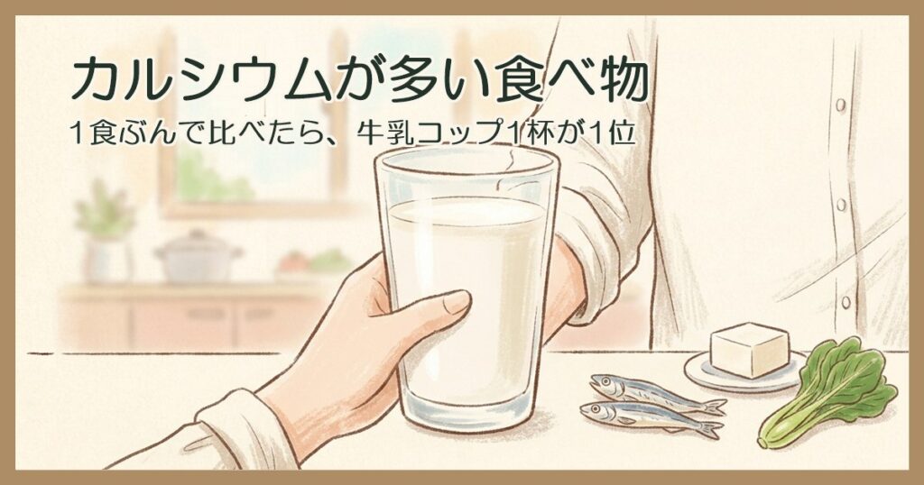 コップ1杯の牛乳を手に取る手元と、豆腐・小魚・小松菜のイラスト