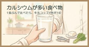 コップ1杯の牛乳を手に取る手元と、豆腐・小魚・小松菜のイラスト