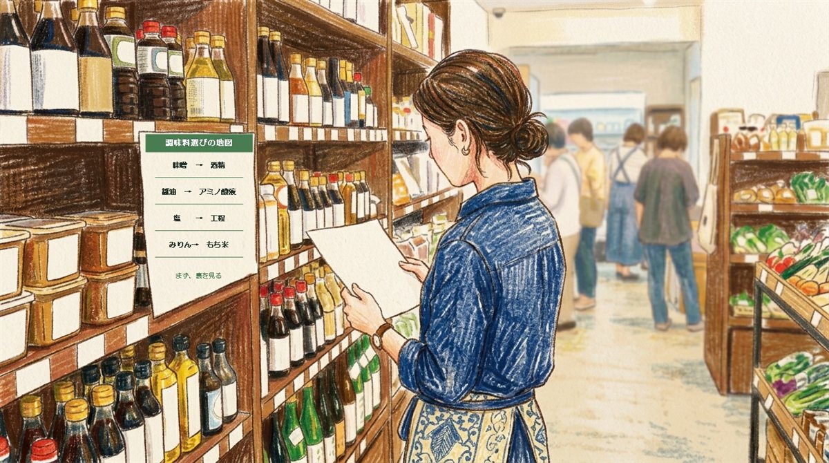 自然食品店の調味料売り場で、棚の前に立ってメモを見ている女性のイラスト。棚には「調味料選びの地図」というポスターが貼られ、味噌は酒精、醤油はアミノ酸液、塩は工程、みりんはもち米、と書かれている
