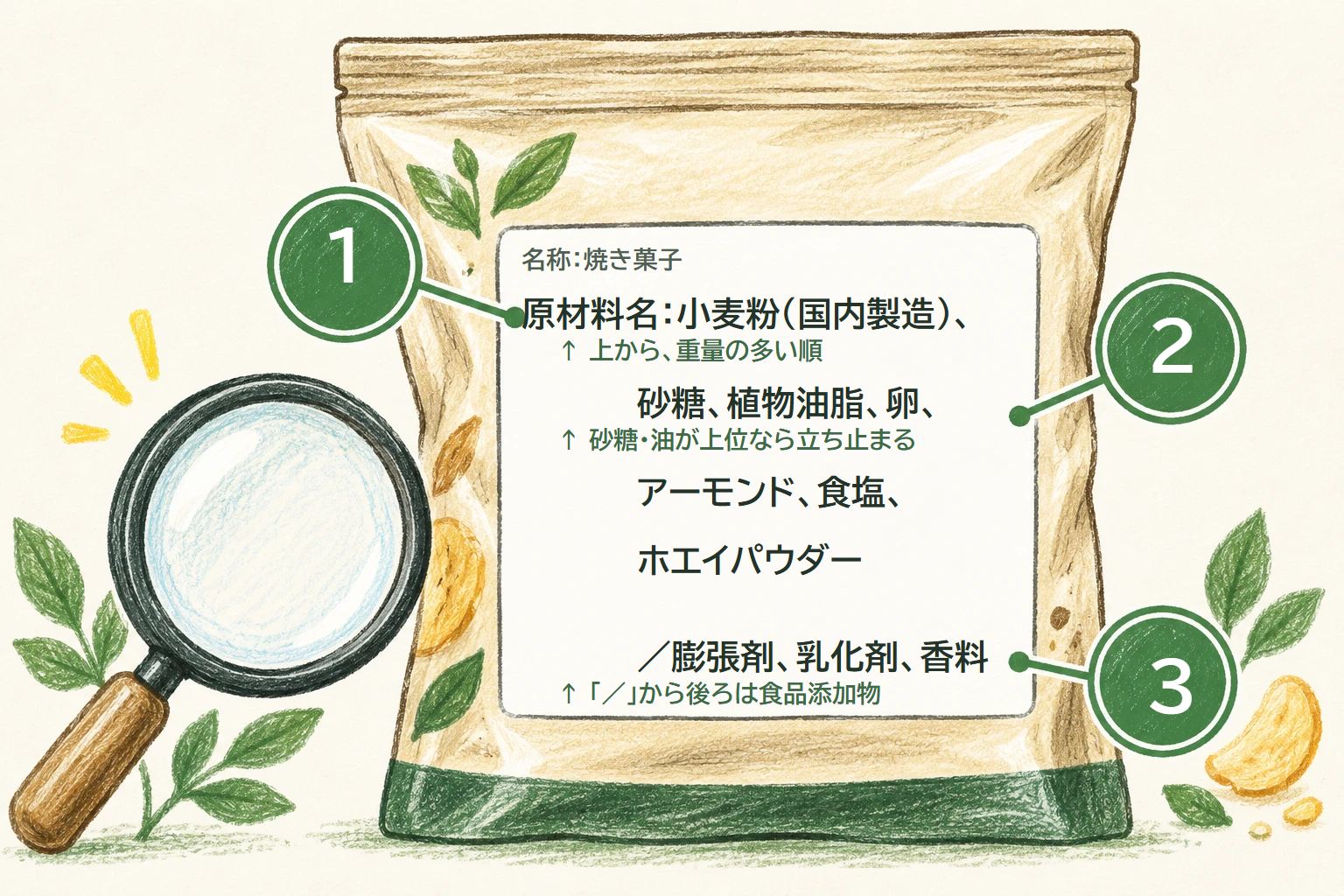 食品パッケージの原材料表示で、最初の3つ、砂糖・油の位置、「/」の後ろを見る場所を示した図